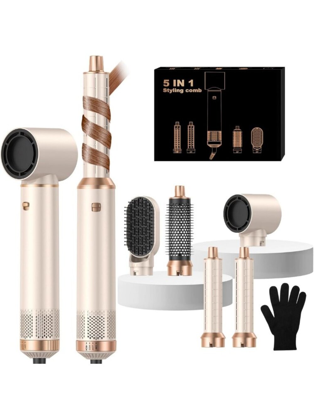 5-in-1 Hair Dryer Brush Set - Ionic Blow Dryer, Curler, Volumizer & Straightener